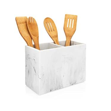Imagem de Essentra Home White Marble Kitchen Utensil Holder for Countertop, Rectangular Utensil Crock with Two Compartments.