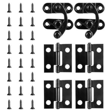 Imagem de Dobradiças de armário pretas para caixa de madeira, dobradiça de caixa de joias antiga e travas pequenas dobradiças pretas com kit de parafusos correspondentes para armário decorativo DIY artesanato