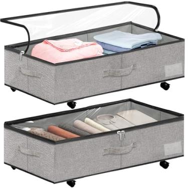 Imagem de KaloKalo 2 caixas de armazenamento sob a cama com rodas tampas transparentes 25,4 cm de altura recipientes de armazenamento embaixo da cama caixas cestos 57L organizadores de rodinhas extra grandes