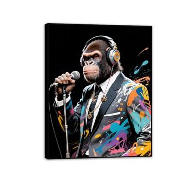 Imagem de Pintura em tela animal macaco arte de parede macaco preto DJ fones de ouvido grafite pôster e impressões imagens para sala de estar decoração de parede 40 x 30 cm (16 x 12 pol) emoldurado