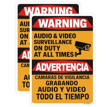 Imagem de Pacote com 2 placas de vigilância de áudio e vídeo – Placa de aviso de 25 x 35 cm em inglês e espanhol – metal refletivo, alumínio à prova de ferrugem e à prova de intempéries