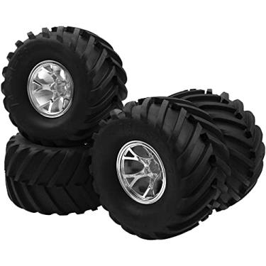 Imagem de HIRCQOO Pneus de borracha OD de 5,31 polegadas e aro da roda 12 mm cubo hexagonal compatível com Traxxas Rustler HPI HSP Vulcão Tamiya Exceed Himoto 1/10 caminhão monstro off-road, 135 mm x 73 mm (prata)