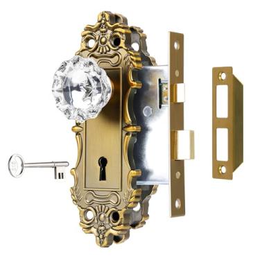 Imagem de ToPToToo Conjunto de fechadura de encaixe para porta interna, maçanetas de porta de latão vintage com fechadura e chave de esqueleto, substituição de fechadura de maçaneta antiga para portas internas
