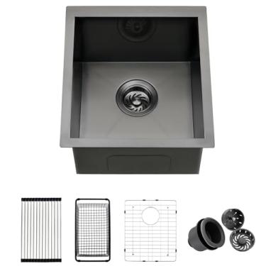 Imagem de Pia de barra de cozinha com 15 peças de montagem embaixo preta, ZDHHT 38 x 40,6 x 23,8 cm, preta, aço inoxidável, pequena cozinha, bar, preparação, sob a pia, ao ar livre, trailer, lavanderia