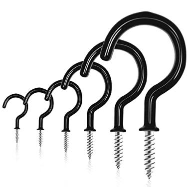 Imagem de Kit de ganchos para copos, 100 peças de ganchos de parafuso, 6 tamanhos de ganchos de parafuso revestidos de vinil, ganchos de parafuso multiuso, ganchos de copo de teto, ganchos de sinos de vento, ganchos de copo de cozinha para pendurar uso interno e externo (preto)