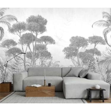 Imagem de Papel de parede de árvores tropicais e folhas na floresta enevoada, mural de parede grande, pintura decorativa de pano de fundo para sofá de sala de estar
