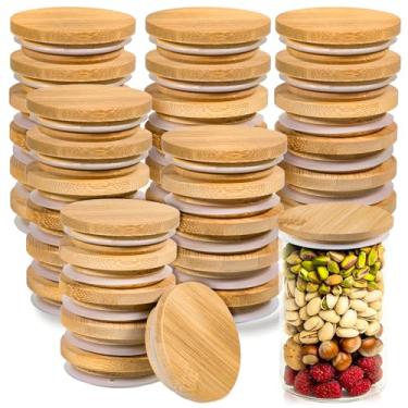 Imagem de Tampas de pote de iogurte Oui, pacote com 36 tampas de pote de conserva reutilizáveis tampas redondas de vidro tampas de bambu natural de madeira de bambu com anéis de vedação de silicone para frascos