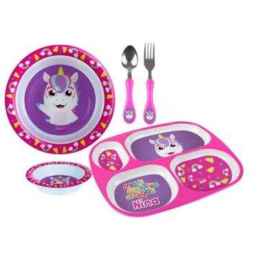 Imagem de Kit Alimentação Infantil Prato Divisória Fundo Raso Talher - Arts, Uni