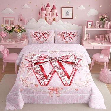 Imagem de Erosebridal Conjunto de cama casal com laço floral rosa, 3D, alfabeto, letra W, para crianças, adolescentes, meninas, moderno, com laço e laço em aquarela, estética, rosa claro, enchimento de edredom