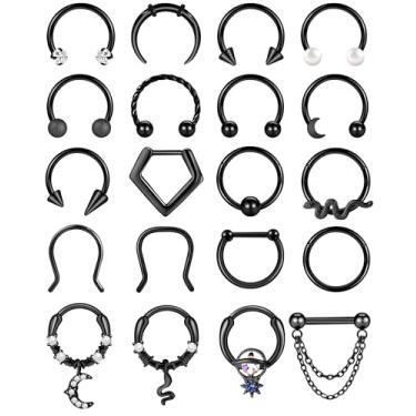 Imagem de ONESING 20 anéis de septo de aço cirúrgico 16G, joia hipoalergênica, ferradura, hélice, daith, tragus, cartilagem, argola, piercing de septo, para mulheres e homens, 10 mm, preto/prata/dourado, 16G