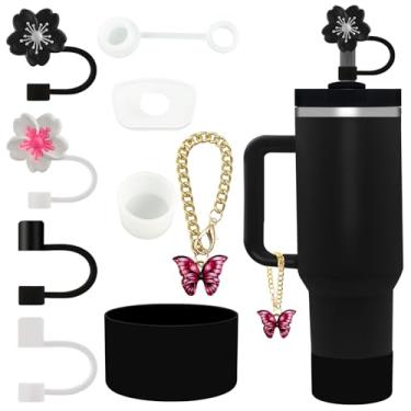 Imagem de Velaco 9 peças de acessórios para copo Stanley de 30/1,134 g, incluindo conjunto de tampa à prova de derramamento, topos de palha, bota de copo de silicone, pingente de chaveiro - preto