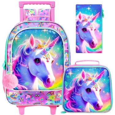 Imagem de gxtvo Mochila infantil com rodinhas de unicórnio fofa, mochila para escola primária com rodas - 3 peças de unicórnio