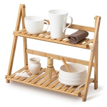 Imagem de Yalikop Prateleira de estação Matcha, organizador de estação de café de 38 cm, suporte de caneca de bambu de 2 camadas, bancada, suporte de vaso de flores para casa, sala de estar, peitoril de janela