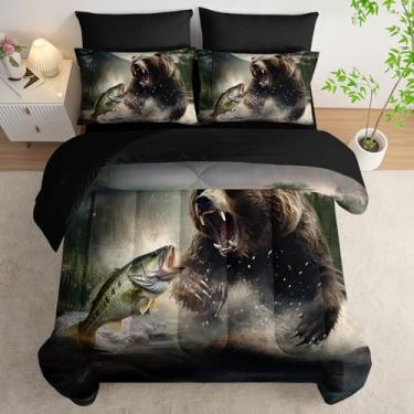 Imagem de AILONEN Jogo de edredom queen com urso rugindo, cama de pesca de vida selvagem em uma bolsa, 7 peças, edredom de microfibra macia, lençol de cima, 2 fronhas, 2 fronhas para crianças, meninos e homens