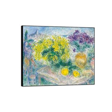 Imagem de LXURY Impressão em tela de arte abstrata de parede - Pintura de arte Chgall - Reproduções de imagens em tela famosas emolduradas - Buquê de Mimosas - Pôster de decoração de parede 90 x 110 cm 35 x 43