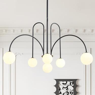 Imagem de HCCZ Lustre Sputnik preto moderno 6 luzes de meados do século para sala de jantar com globo de vidro leitoso pingente de teto luminária para sala de estar cozinha ilha hall de entrada quarto