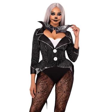 Imagem de Leg Avenue Fantasia de Halloween Baddie de 2 peças, inclui body listrado de veludo com virilha de pressão e gravata borboleta, médio, preto