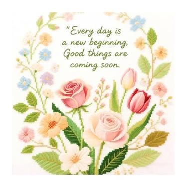 Imagem de Xinpinzhou Kits de ponto cruz estampado para adultos – 30,5 x 30,5 cm, fácil de lavar, tecido de bordado avançado para iniciantes de 11 CT, citações e flores, adequado para decoração de casa