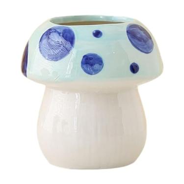 Imagem de Fenteer Porta-canetas de cerâmica para pincéis de maquiagem, delineadores em formato de cogumelo, caixa de armazenamento para lápis de sobrancelha, Azul