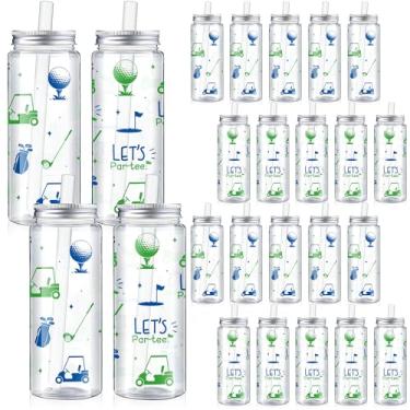 Imagem de Vynium Copo de plástico Western Cowgirl Cowboy de 402 g copos reutilizáveis com tampas e canudos lata de cerveja (golfe, azul verde)