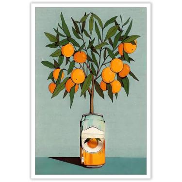 Imagem de Arte moderna de parede de laranjeira retrô botânica em vasos de plantas pôsteres em tela de frutas tangerina frutas sala de comida impressão estética pintura para escritório quarto sala de estar