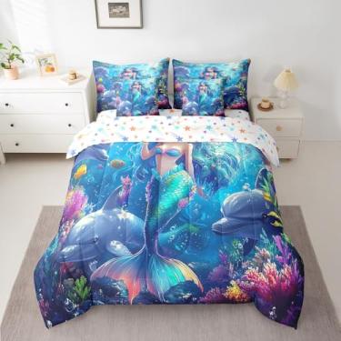 Imagem de Conjunto de cama solteiro com estampa de sereia de desenho animado, golfinho, coral, algas marinhas, oceano, animal marinho, azul marinho, sonhador (edredom + lençol de cima + 2 fronhas + 2 fronhas de