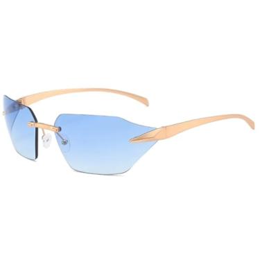 Imagem de Óculos de sol sem aro de luxo da moda, feminino, masculino, punk, esportivo, vintage, óculos de sol, óculos de sol, uv400 (dourado, azul)
