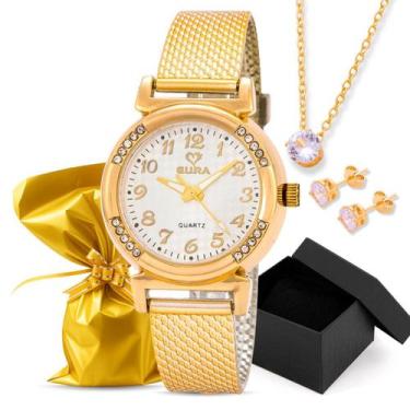 Imagem de Kit Relógio Eura Silicone Dourado + Colar e Brinco, Branco