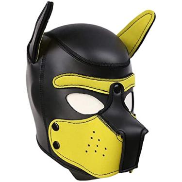 Imagem de jecrizy Máscara de cabeça de cachorro com capuz de neoprene, máscara facial de neoprene, máscara de Halloween, fantasia de festa novidade (GG, amarelo)