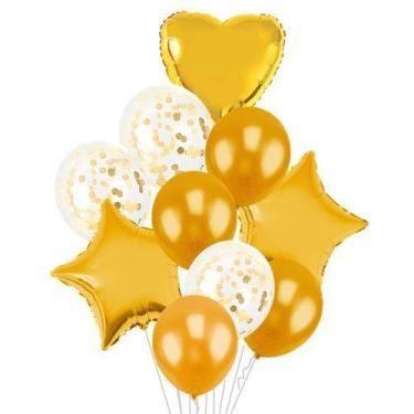 Imagem de Balão Kit Buquê Estrela E Coração 10 Peças - PartiuFesta, Dourado