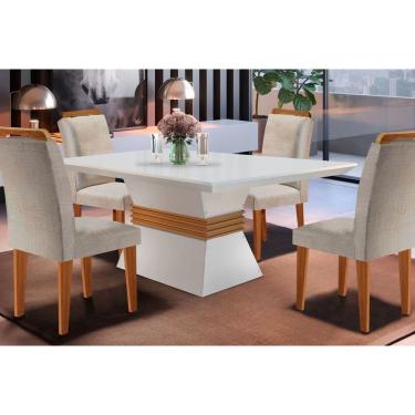 Imagem de Sala de Jantar Completa Ágata Tampo Madeirado c/ Vidro Canto Reto 120x80cm e 4 Cadeiras Athenas Capuccino/Suede Creme - Rufato