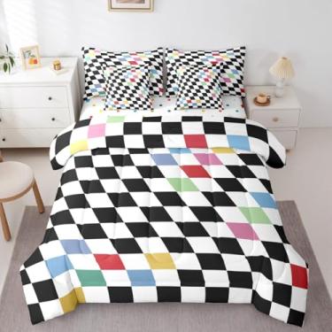 Imagem de Erosebridal Jogo de cama casal preto e branco com 7 peças, para crianças e adultos, xadrez, colorido, quadriculado, geométrico, com lençol com enchimento de edredom quadriculado