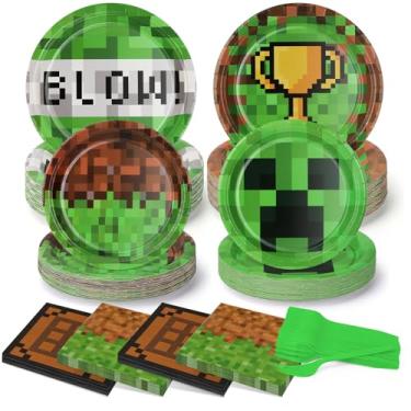 Imagem de Pratos e guardanapos de papel Pixel Party | 200 peças | 50 pratos de sobremesa de 18 cm | 50 pratos descartáveis de 23 cm | 50 guardanapos | 50 garfos para chá de bebê, videogame, suprimentos de