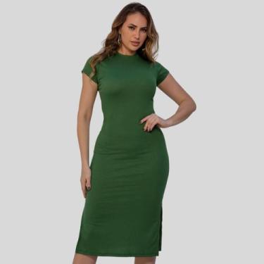 Imagem de Vestido Feminino Midi Canelado Casual Básico Modelador Com Manga Curta