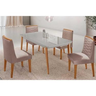 Imagem de Conjunto Sala de Jantar Havana c/ Tampo Madeirado c/ Vidro Canto Curvo 120x80cm e 4 Cadeiras Maldivas Madeira Maciça Naturale/Off White - Capuccino/Li