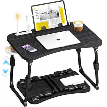Imagem de Mesa de colo para cama de altura ajustável, mesa de cama dobrável com gaveta de armazenamento, compartimento para tablet e suporte de copo, suporte portátil para laptop para cama e sofá, mesa de cama