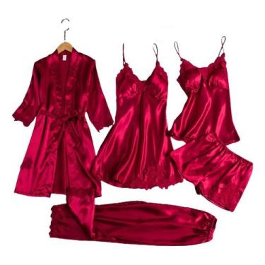 Imagem de Conjunto de pijama feminino de cetim, 5 peças com painéis de renda, ca