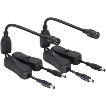 Imagem de HCFeng Cabo de alimentação 20 AWG CC 5,5 mm x 2,1 mm, 1 fêmea para 2 machos, com 2 interruptores de controle liga/desliga, cabo de alimentação 12V CC 5521 para câmeras de segurança CCTV, faixa de LED