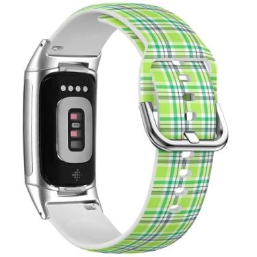 Imagem de MRAKPLGE Pulseira de relógio esportivo, estampa xadrez verde limão Madras, compatível com FitBit Charge 6 e Fitbit Charge 5, pulseira de silicone macio de substituição