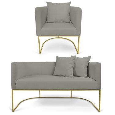 Imagem de Kit 01 Namoradeira 02 Lugares E 01 Poltrona Paola Linho Grafite A26 Base Metálica Dourado