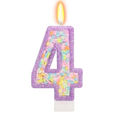 Imagem de ElekFX Vela de aniversário número 4 com granulados, topo de bolo de unicórnio roxo pastel, decorações de festa Sweet Candyland para meninas e meninos 4 anos