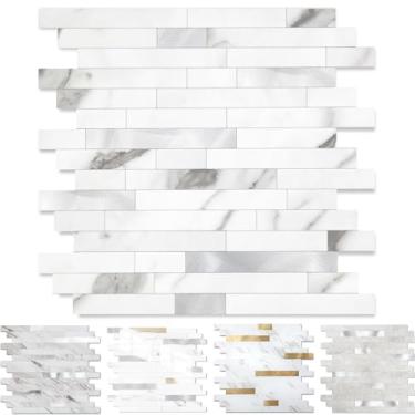 Imagem de Yipscazo 1 folha de revestimento de azulejo de metal de pedra, cole em azulejos para cozinha, banheiro, lavanderia, acampamento, lareira (30 x 30 cm, metal branco mármore)