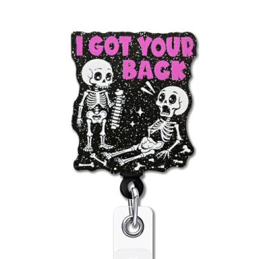 Imagem de YAZMEEN Carretel de crachá de esqueleto engraçado - I Got Your Back - Porta-crachá retrátil com clipe - Suporte de cartão de identificação acrílico com glitter preto - presentes para fisioterapeuta PT