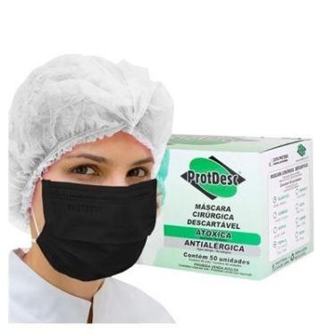 Imagem de Máscara Descartável Tripla com Elástico Preta Protdesc - Embalagem com