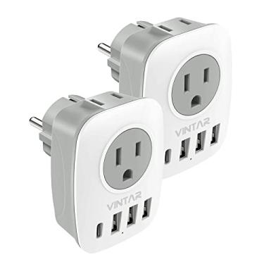 Imagem de Pacote com 2 adaptadores tipo E/F, plugue adaptador VINTAR Schuko Alemanha França, adaptador de tomada Coreia do Sul com 1 USB C, 3 portas USB e 2 tomadas, EUA para UE, Espanha, Islândia, Grécia