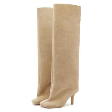 Imagem de Botas de cano alto Yishaweiqi de camurça bege para mulheres de salto a