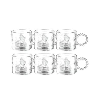 Imagem de Conjunto 6 Caneca Xícara Café Vidro 300ml Chá Alça de Bolinhas Transpa