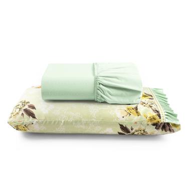 Imagem de Jogo Cama Lençol Fiore Solteiro Estampado 180 Fios 100% Algodão Com Babadinho 2 Peças Verde Floral