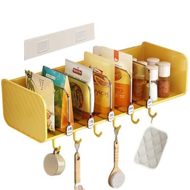 Imagem de COVRA Organizador de temperos montado na parede com 5 prateleiras e 6 ganchos, sem perfuração, design ajustável semiaberto, para parede de cozinha, armário, porta de despensa ou geladeira (amarelo)