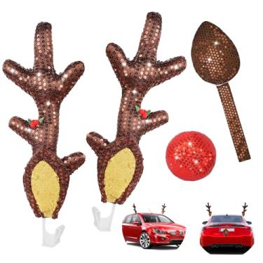 Imagem de KissDate Chifres de rena de Natal para carros, decorações de Natal de carro com cauda de nariz vermelho de rena Rudolph, fantasia de Natal para qualquer decoração de acessórios de carro